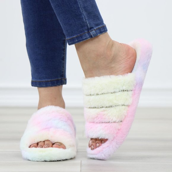 Tie Dye Puff Fuzzy Fluffy Slip On Plush Slippers Diamond Accents - Picture 12 of 15
